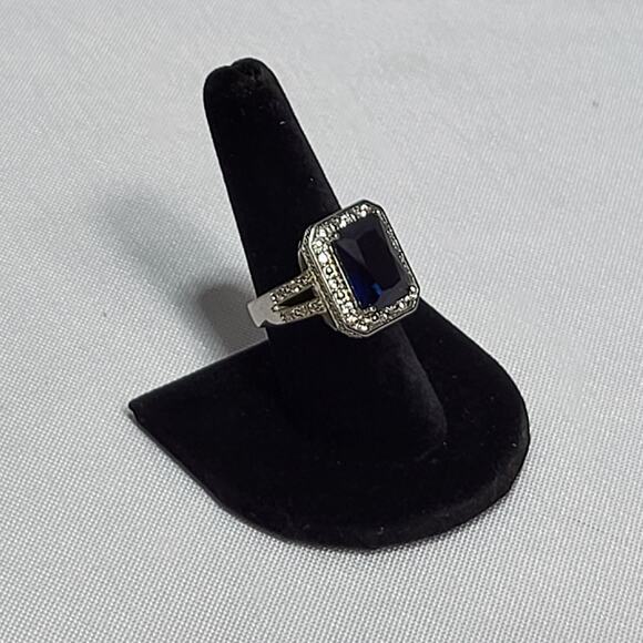 Blue Princess Cut Cabochon w Diamond chip accent 925 Sterling Silver Ring Sz 8.5 - Picture 6 of 8